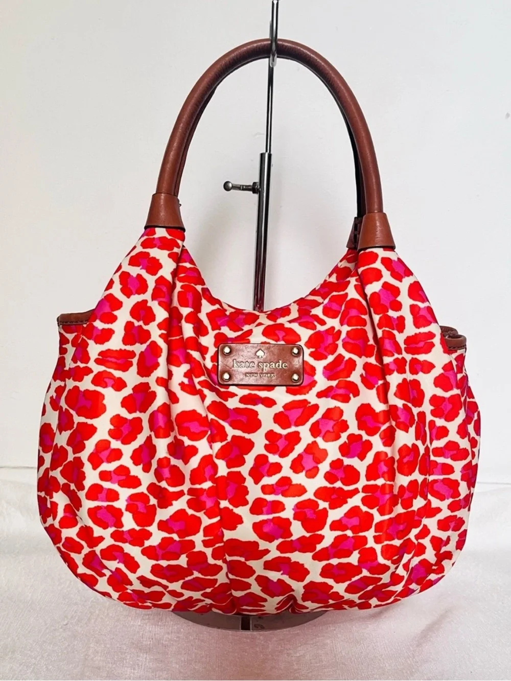 Kate Spade “Into the Wild” Red & Pink Nylon animal print Hobo Slouch bag